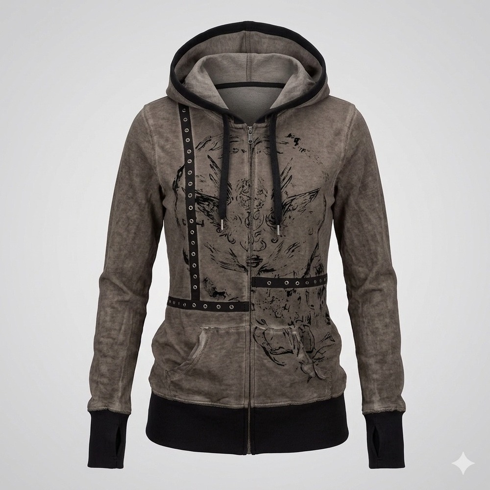Y2K Harley-Davidson Studded Moto Zip Hoodie Gray Graphic Hooded Jacket